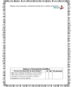 Planeación Mi Árbol Genealógico para Preescolar: hoja creativa con borde decorativo, espacio para dibujar y texto en español sobre los abuelos. Incluye árbol genealógico y tabla para evaluar el progreso del aprendizaje.