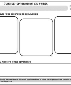 Ficha en español con tres recuadros en blanco para dibujar normas de convivencia, un espacio en blanco para escribir el nombre del profesor y una nota animando al respeto y la tolerancia de las diferencias en la parte inferior.