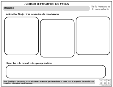 Ficha en español con tres recuadros en blanco para dibujar normas de convivencia, un espacio en blanco para escribir el nombre del profesor y una nota animando al respeto y la tolerancia de las diferencias en la parte inferior.