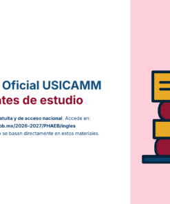Guía de Estudio HORAS ADICIONALES INGLÉS Educación Secundaria- USICAMM 2026 – 2027 + (Simulador 90 Reactivos) 27 Gráfico con una pila de libros y documentos a la derecha. A la izquierda, texto en español: