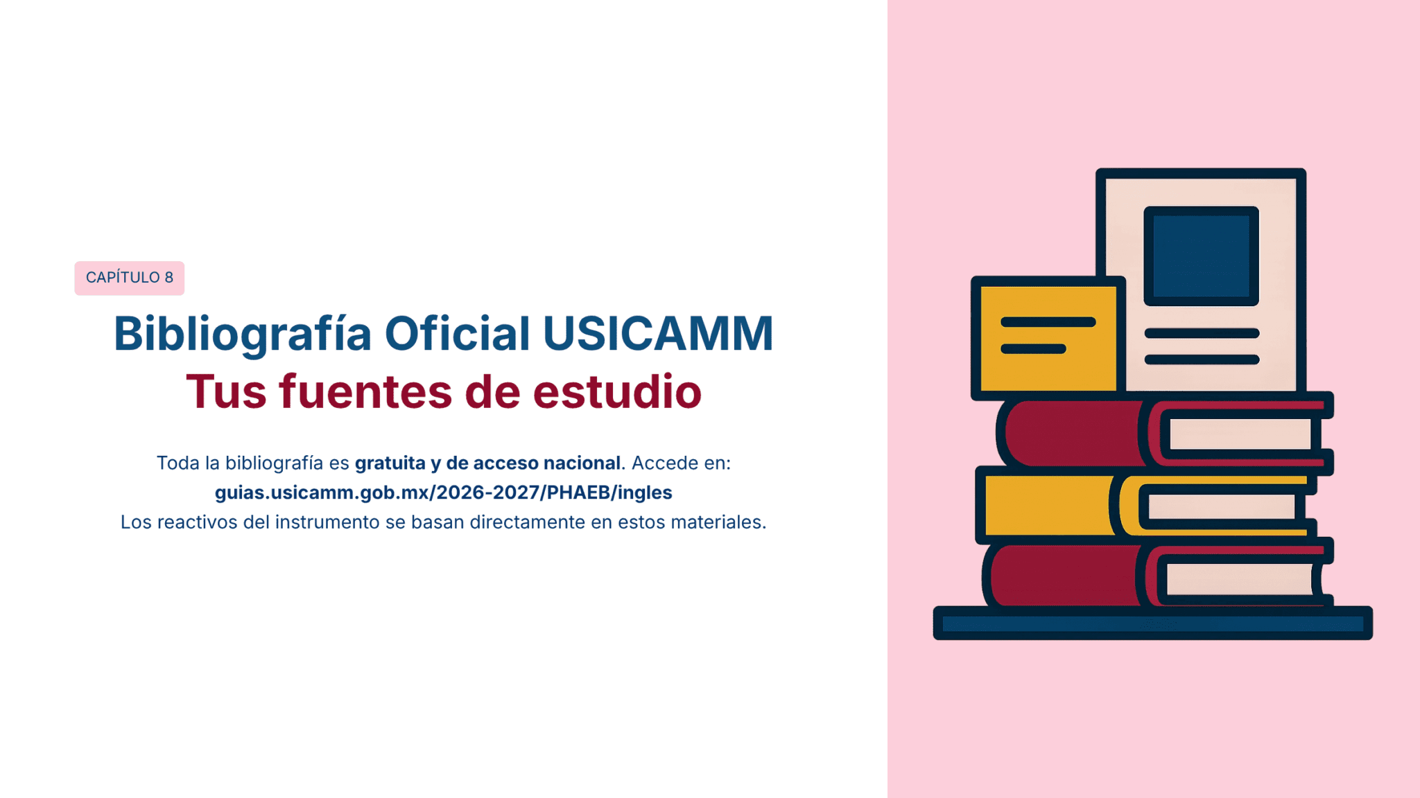 Guía de Estudio HORAS ADICIONALES INGLÉS Educación Secundaria- USICAMM 2026 – 2027 + (Simulador 90 Reactivos) 14 Gráfico con una pila de libros y documentos a la derecha. A la izquierda, texto en español: "Bibliografía Oficial USICAMM. Tus fuentes de estudio" y datos para acceder a la bibliografía oficial en línea.