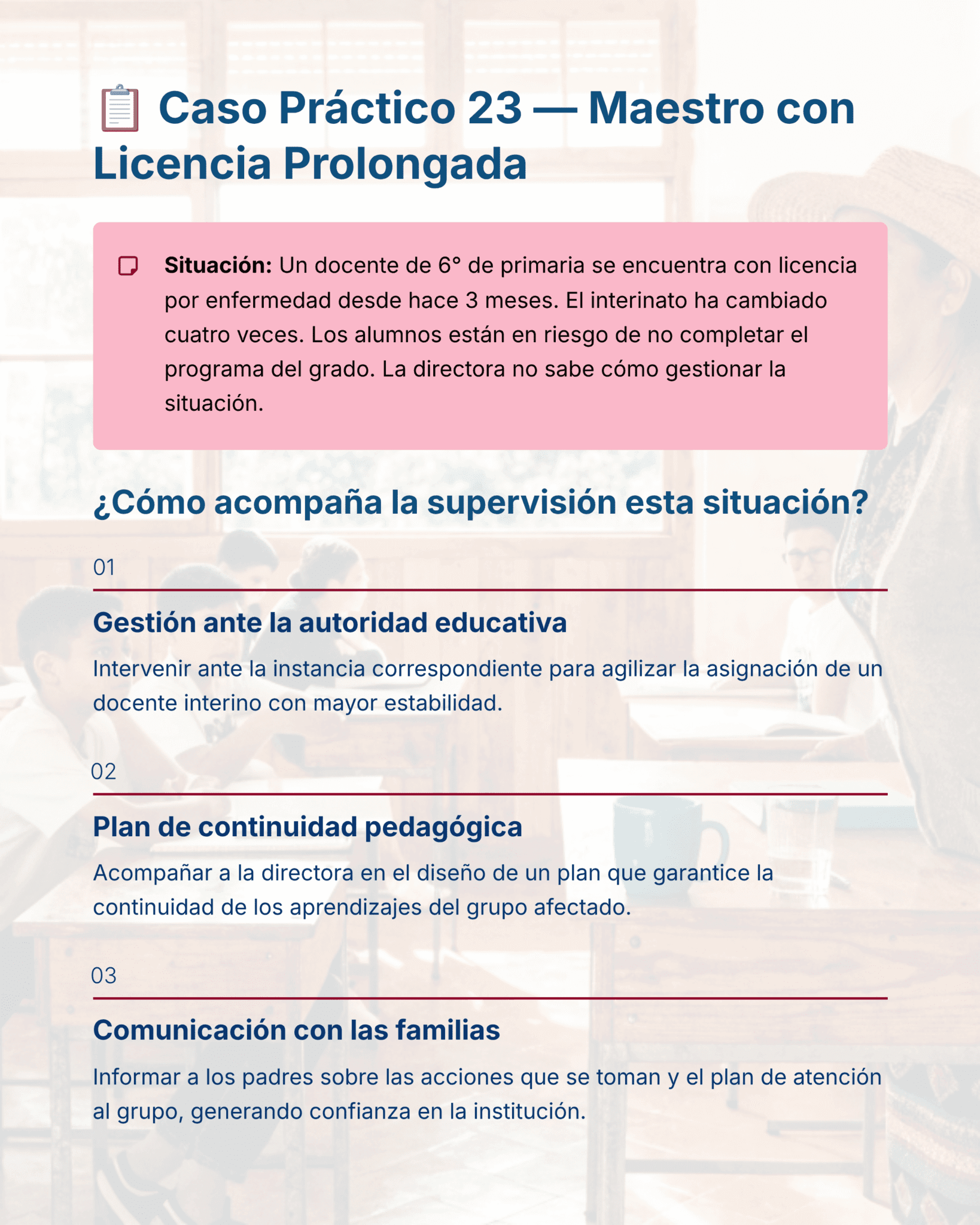Guía de Apoyo Promoción Vertical Función SUPERVISORES - USICAMM 2026 - 2027 + (Simulador 90 Reactivos) 7 Un documento de caso práctico en español titulado "Caso Práctico 23 - Maestro con Licencia Prolongada" describe las acciones para gestionar la baja médica prolongada de un profesor, incluyendo la coordinación de las autoridades educativas, la continuidad pedagógica y la comunicación con la familia.