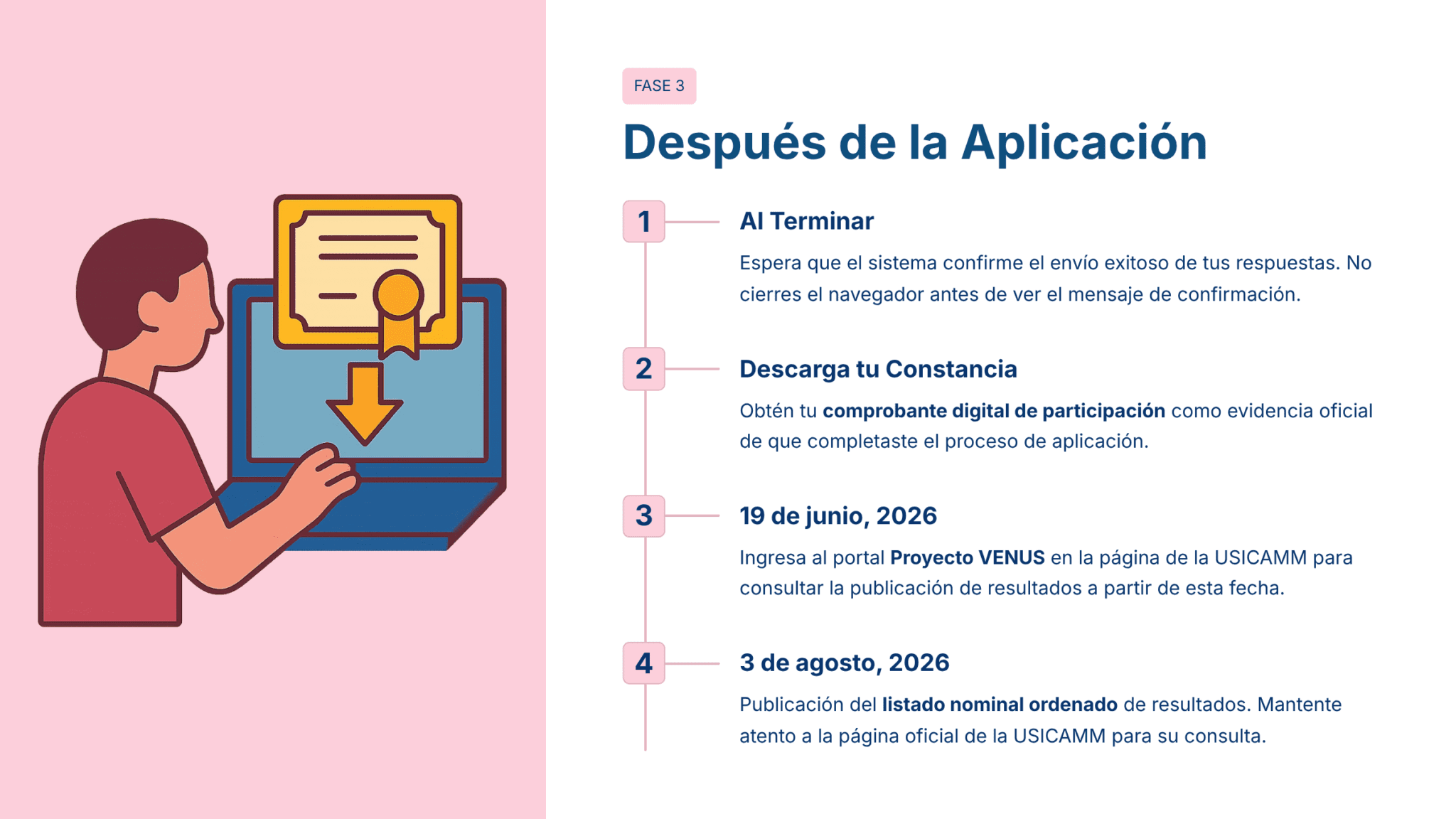 Guía de Estudio HORAS ADICIONALES MATEMÁTICAS Educación Secundaria- USICAMM 2026 - 2027 + (Simulador 90 Reactivos) 17 Ilustración de una persona utilizando un ordenador portátil, acompañada de una guía paso a paso en español en la que se describen las acciones que deben realizarse después de rellenar una solicitud, incluida la descarga de pruebas, la comprobación de resultados y la revisión de una lista final.