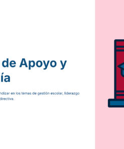 Ilustración de libros en posición vertical, un birrete de graduación y un libro abierto sobre fondo rosa. A la izquierda, texto en azul: 