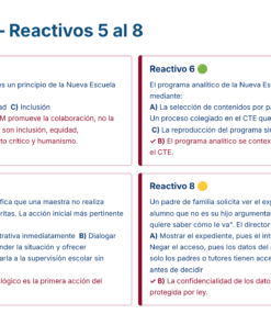 Captura de pantalla de un simulador que muestra cuatro preguntas (Reactivos 5-8) con respuestas de opción múltiple sobre la Nueva Escuela Mexicana, impresas en recuadros de colores. Cada pregunta está numerada y tiene cuatro opciones de respuesta etiquetadas de la A a la D.