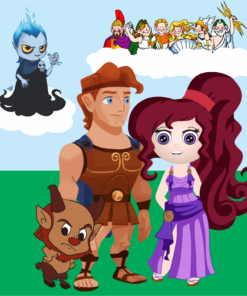 Ilustración que presenta personajes animados: un hombre musculoso vestido de gladiador, una mujer de largo cabello rojo con un vestido morado, una pequeña criatura con orejas grandes y viñetas flotantes de otros personajes de fantasía del Paquete Audio-Cuentos Infantiles 6.