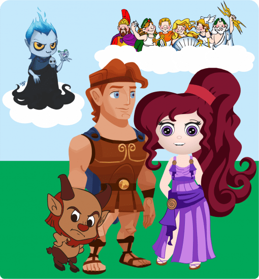 Ilustración que presenta personajes animados: un hombre musculoso vestido de gladiador, una mujer de largo cabello rojo con un vestido morado, una pequeña criatura con orejas grandes y viñetas flotantes de otros personajes de fantasía del Paquete Audio-Cuentos Infantiles 6.