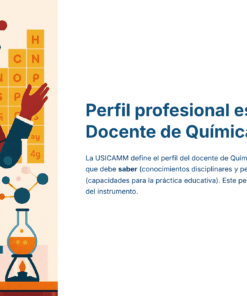 Guía de Estudio HORAS ADICIONALES CIENCIAS QUÍMICA Educación Secundaria- USICAMM 2026 – 2027 + (Simulador 90 Reactivos) 24 Un hombre con traje y gafas está de pie junto a un equipo de laboratorio, sosteniendo un matraz. Detrás de él hay símbolos de química. El texto de la derecha describe el perfil profesional esperado para los profesores de química en español.