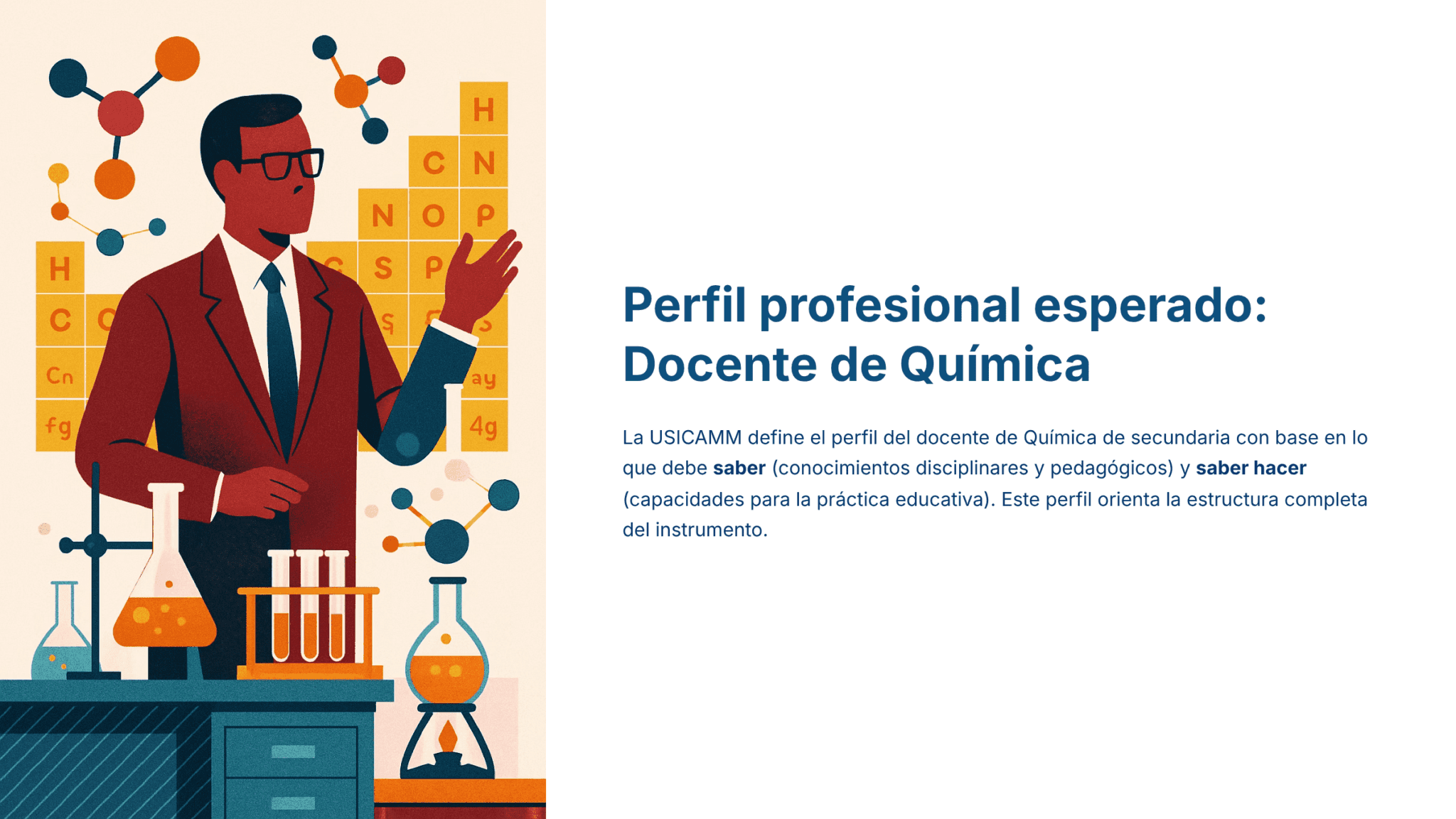 Guía de Estudio HORAS ADICIONALES CIENCIAS QUÍMICA Educación Secundaria- USICAMM 2026 – 2027 + (Simulador 90 Reactivos) 11 Un hombre con traje y gafas está de pie junto a un equipo de laboratorio, sosteniendo un matraz. Detrás de él hay símbolos de química. El texto de la derecha describe el perfil profesional esperado para los profesores de química en español.