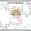 PROYECTO SIGUIENDO LA ESTRELLA (TEMÁTICA REYES MAGOS) 10 Proyecto Siguiendo la Estrella (Temática Reyes Magos) es un juego de mesa en blanco y negro con cuadrados, círculos, triángulos, camellos, Reyes Magos, una estrella, escenas del desierto y un colorido logotipo del arco iris en el centro.