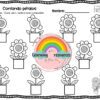 UNIDAD DIDACTICA EL CICLO DE LA VIDA 7 UNIDAD DIDÁCTICA EL CICLO DE LA VIDA: Hoja de ejercicios en blanco y negro con nueve flores en macetas para contar, colorear y escribir los números. Con el logotipo del arco iris y un niño regando una flor.