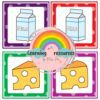 PROYECTO Y eso ¿Cómo llegó a tu lonchera? 7 Cuatro coloridas tarjetas con cartones de leche y queso rodean un logotipo arco iris de