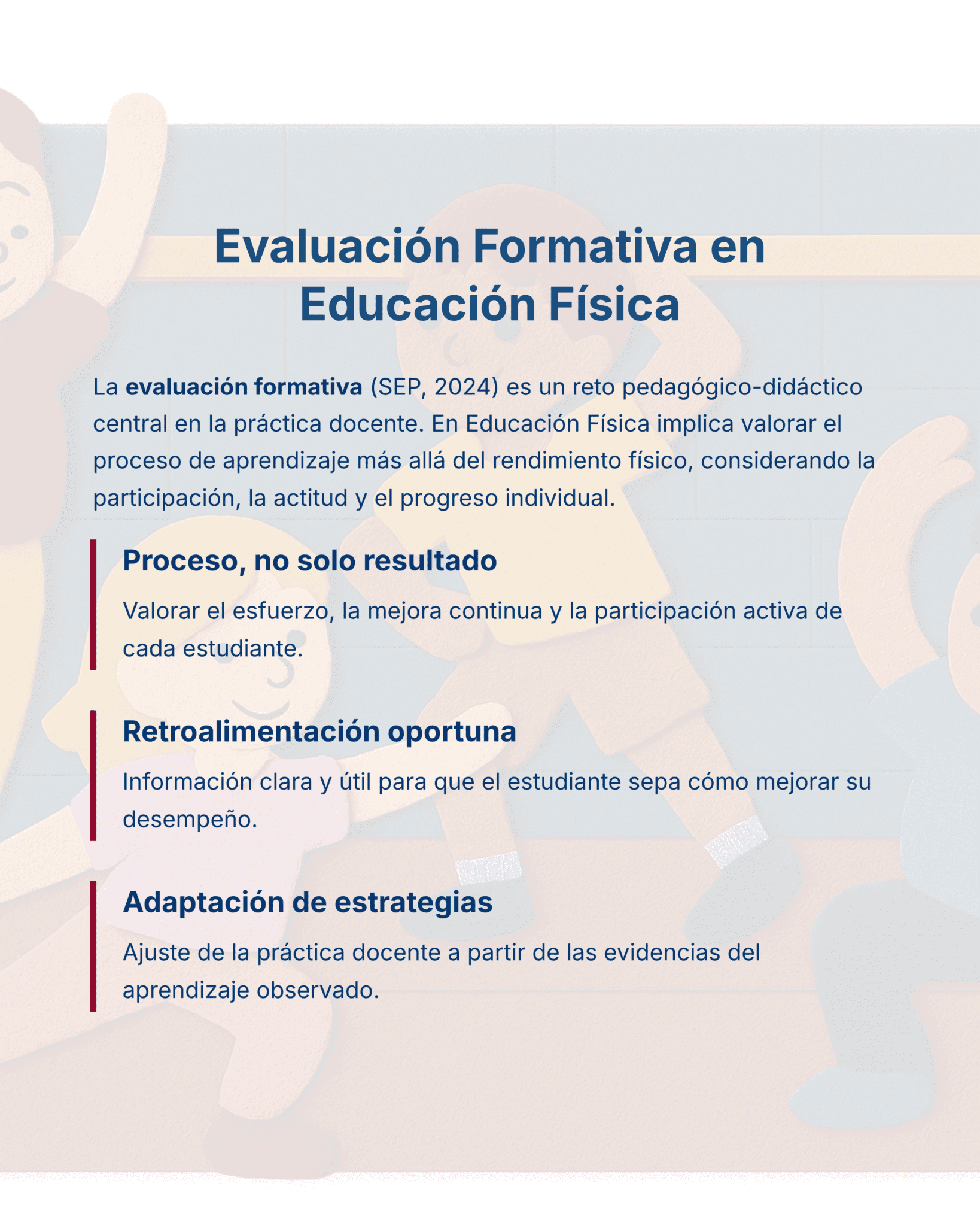 Guía de Estudio HORAS ADICIONALES EDUCACIÓN FÍSICA Primaria y Secundaria- USICAMM 2026 - 2027 + (Simulador 90 Reactivos) 3 Infografía titulada "Evaluación Formativa en Educación Física" en la que se describen los puntos clave: valoración de la participación y el progreso, proceso continuo, retroalimentación oportuna y adaptación de las estrategias de enseñanza. Dibujos animados de fondo.