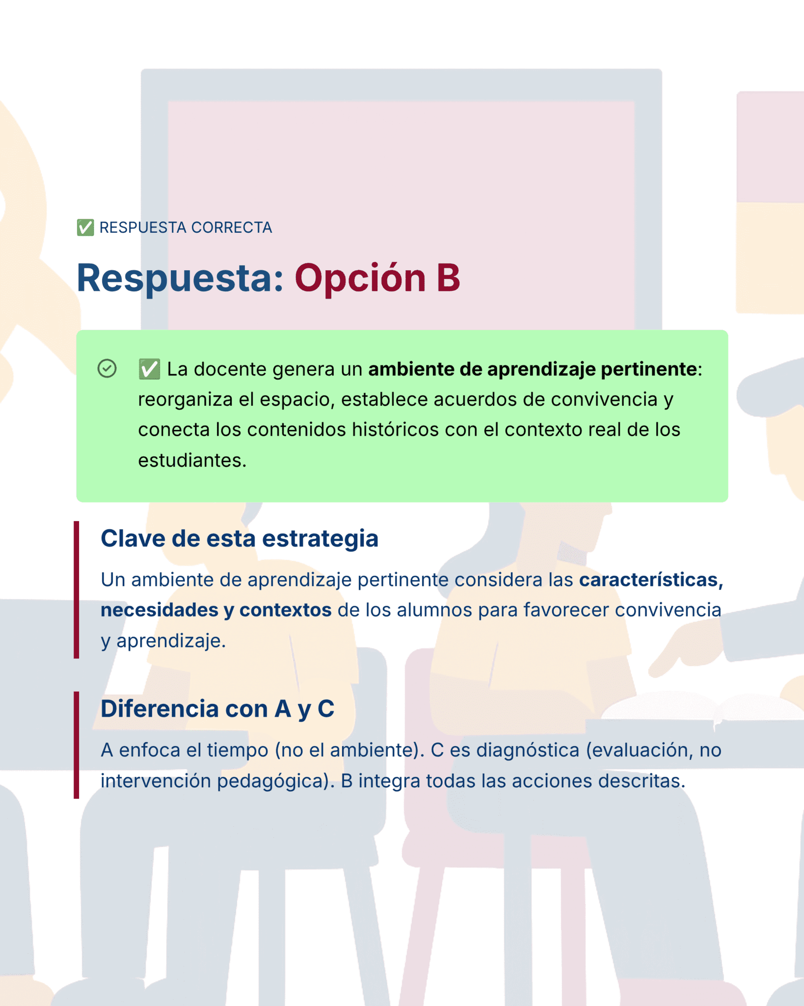 Guía de Estudio HORAS ADICIONALES HISTORIA Educación Secundaria- USICAMM 2026 - 2027 + (Simulador 90 Reactivos) 20 Una diapositiva educativa digital muestra una notificación de respuesta correcta para la "Opción B", destacando la importancia de un entorno de aprendizaje pertinente. La diapositiva incluye bloques de texto azules y verdes y figuras ilustradas de fondo.