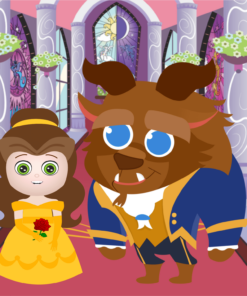 Ilustración de una niña con un vestido amarillo y una bestia con un traje azul de pie en el gran salón de un castillo, con vidrieras y Paquete Audio-Cuentos Infantiles 6 flores al fondo.