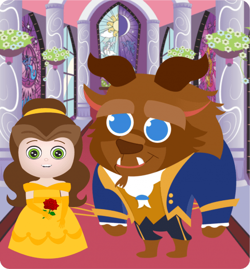 Ilustración de una niña con un vestido amarillo y una bestia con un traje azul de pie en el gran salón de un castillo, con vidrieras y Paquete Audio-Cuentos Infantiles 6 flores al fondo.
