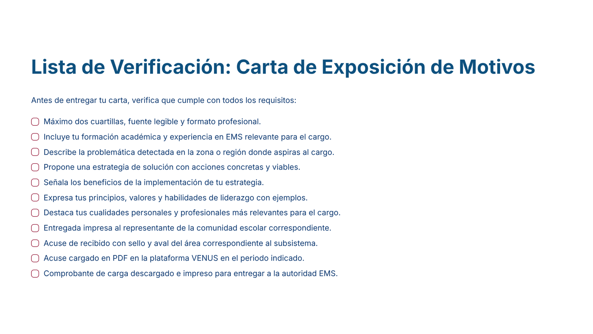 Paquete Promoción a SUPERVISOR ESCOLAR – Educación Media Superior (Carta de Exposición de Motivos + Plan de Mejora Continua + Guía EMS) EMS BACHILLERATO 2026–2027 2 Una lista de comprobación titulada "Lista de Verificación: Carta de Exposición de Motivos" en la que se detallan los requisitos para presentar una carta, incluidos el formato, la experiencia, la estrategia, los principios, las cualidades profesionales, los objetivos de mejora, la contribución al subsistema y la prueba de descarga.