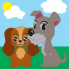 Ilustración de dos perros de dibujos animados en un ambiente soleado al aire libre, un perro pequeño marrón con una etiqueta y un perro gris más grande, ambos sonriendo bajo un cielo azul con nubes esponjosas, como parte de la serie "Paquete Audio-Cuentos Infantiles 9".