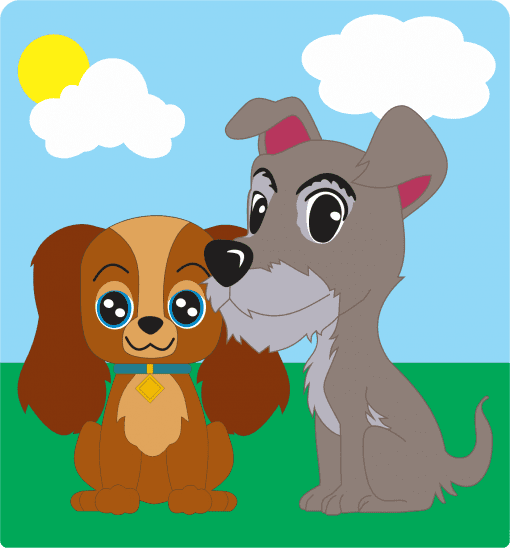 Ilustración de dos perros de dibujos animados en un ambiente soleado al aire libre, un perro pequeño marrón con una etiqueta y un perro gris más grande, ambos sonriendo bajo un cielo azul con nubes esponjosas, como parte de la serie "Paquete Audio-Cuentos Infantiles 9".