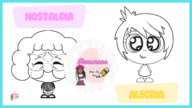 Ilustración de dibujos animados de dos personajes. El personaje de la izquierda, etiquetado como "Nostalgia", tiene gafas y cabello rizado, y parece sonreír suavemente. El personaje de la derecha, denominado "Alegría", tiene cabello lacio y ojos grandes y emocionados. Entre ellos se encuentra un logo con el texto "Recursos Educativos" y un dibujo de una niña y un lápiz.