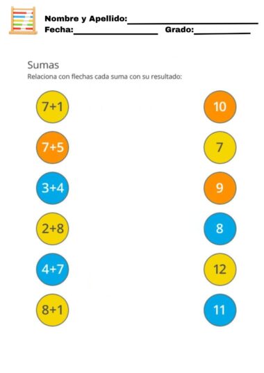Hoja de ejercicios para emparejar problemas de suma con sus sumas. Los círculos de colores muestran las sumas (7+1, 7+5, 2+8, 4+7, 8+1) a la izquierda y las respuestas (10, 7, 9, 8, 12, 11) a la derecha. Espacios para nombre, fecha y curso en la parte superior.