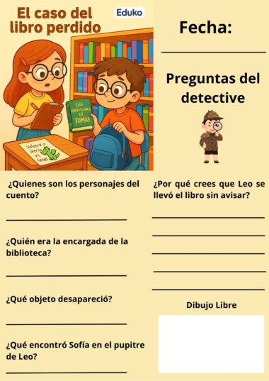 Ficha en español titulada "El caso del libro perdido" con dibujos animados de niños en una biblioteca. Hay preguntas de temática detectivesca sobre la historia, espacios para las respuestas, una sección para dibujar y un espacio para la fecha.