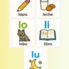 Memorama con tarjetas de silabas simples (Parte I) 8 Cinco tarjetas muestran sílabas y palabras en español: