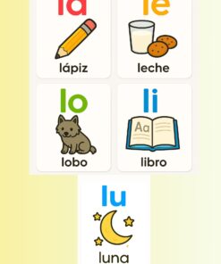 Cinco tarjetas muestran sílabas y palabras en español: 