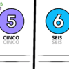 Ficha educativa con los números 5 y 6, sus nombres en español «cinco» y «seis», y líneas para practicar la caligrafía.