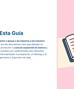 Paquete Promoción a SUPERVISOR ESCOLAR – Educación Media Superior (Carta de Exposición de Motivos + Plan de Mejora Continua + Guía EMS) EMS BACHILLERATO 2026–2027 37 Una guía en español explica su finalidad junto a una ilustración de un libro abierto y un gran lápiz sobre fondo rosa. Las frases clave del texto aparecen resaltadas en azul y morado.
