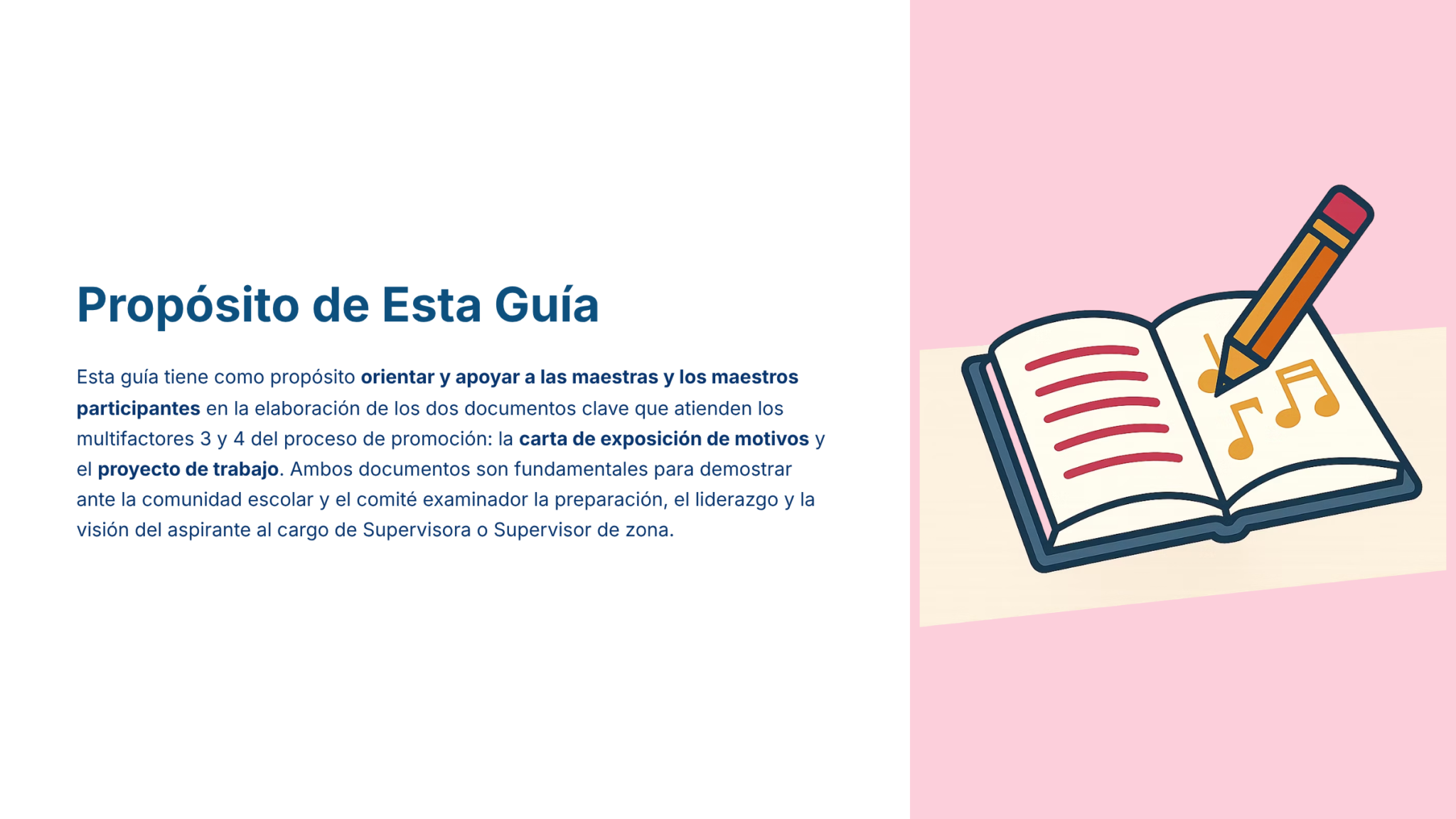 Paquete Promoción a SUPERVISOR ESCOLAR – Educación Media Superior (Carta de Exposición de Motivos + Plan de Mejora Continua + Guía EMS) EMS BACHILLERATO 2026–2027 17 Una guía en español explica su finalidad junto a una ilustración de un libro abierto y un gran lápiz sobre fondo rosa. Las frases clave del texto aparecen resaltadas en azul y morado.