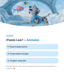 Un perro de dibujos animados con un chaleco azul mira a un pájaro que vuela y a un pez que nada dentro de una cueva helada. Debajo hay frases sencillas en español sobre el perro, el pez y el pájaro.