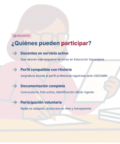 Guía de Estudio HORAS ADICIONALES HISTORIA Educación Secundaria- USICAMM 2026 - 2027 + (Simulador 90 Reactivos) 36 Infografía en la que se enumeran los requisitos para participar: ser profesor de secundaria en activo, tener un perfil profesional relevante, aportar la documentación completa y participar voluntariamente. Fondo ilustrado de una persona con un papel en la mano.