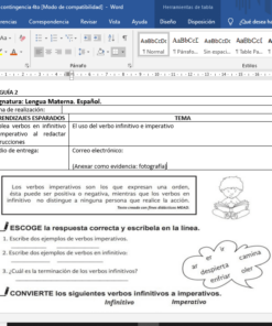 Una captura de pantalla de un ejercicio de lengua española Plan de trabajo en casa 4to de primaria por contingencia COVID 19 en Microsoft Word, que presenta preguntas con ilustraciones de un niño pensando y un bocadillo, enfatizando el uso correcto de los verbos.