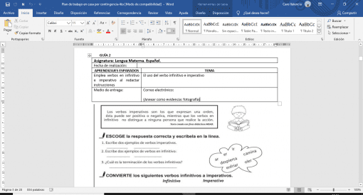 Una captura de pantalla de un ejercicio de lengua española Plan de trabajo en casa 4to de primaria por contingencia COVID 19 en Microsoft Word, que presenta preguntas con ilustraciones de un niño pensando y un bocadillo, enfatizando el uso correcto de los verbos.