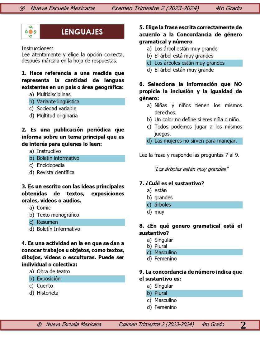 Examen Trimestre 2, 4to Grado