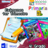 Portada colorida para "Exámenes de Primaria 4.° Grado (NEM 2025 – 2026) 1er Trimestre", con libros de texto, un portapapeles con lista de verificación, un lápiz, un ícono de Word y logotipos. El texto en español indica que es para los exámenes del primer trimestre.