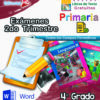 Portada colorida de Exámenes de Primaria 4° Grado (NEM 2025–2026) 2do Trimestre, que muestra libros de texto, portapapeles con lista de verificación, lápiz, íconos de Word y Editorial MD. Texto: "Exámenes 2do Trimestre, Primaria, 4° Grado.
