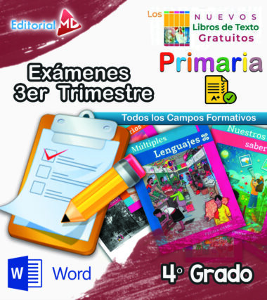 Portada colorida para Exámenes de Primaria 4° Grado (NEM 2025 – 2026) 3er Trimestre, con libros de texto, portapapeles con lista de verificación, lápiz grande, íconos de Word y de la escuela, además de texto sobre los exámenes de primaria del tercer trimestre.