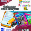 Gráfico educativo vibrante para Exámenes Primaria 4° Grado (NEM 2025 – 2026) Ciclo Escolar Completo, que muestra libros de texto, una lista de verificación con lápiz y texto en español: "Exámenes Primaria", "Ciclo Escolar Completo" y "Word" para indicar la cobertura completa del examen.