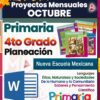 Gráfico destacando "Programa Analítico 4° Primaria" para "Planeación Mensual por Proyectos Octubre 2024 - 2025" bajo el tema "Nueva Escuela Mexicana". Destaca temas esenciales como "Ética, Naturaleza y Sociedades, De lo Humano y lo Comunitario, Saberes y Pensamiento Científico". Cuenta con un ícono de documento de Word para un acceso conveniente a Planeaciones Octubre Cuarto Grado.