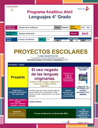 Colorido cartel educativo para un programa de artes del lenguaje de cuarto grado titulado "Planeación de Abril Cuarto Grado de Primaria 2024 NEM". Incluye encabezados, ejemplos de proyectos, objetivos, metodología y recursos de aprendizaje. El tema de abril es "El legado de las lenguas indígenas", lo que mejora la eficacia de su plan de lecciones.