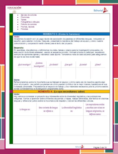 Una hoja de trabajo para el aula con un encabezado que dice "EDUCACION" y "Editorial" en la parte superior. La página se titula "Planeación de Abril Cuarto Grado de Primaria 2024 NEM". Diseñado para Cuarto Grado de Primaria, el contenido incluye instrucciones sobre actividades en equipo discutiendo diversos temas, seccionados en "Inicio" y "Desarrollo".
