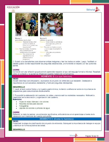 Una página de plan de lección para Planeación de Abril Cuarto Grado de Primaria 2024 NEM que presenta actividades grupales e indicaciones de discusión. Las imágenes muestran a los estudiantes participando en diversas actividades. El texto analiza la comunicación, el respeto y los ejercicios en el aula. La colorida página incluye un borde verde y rojo perfecto para Planeación Abril.