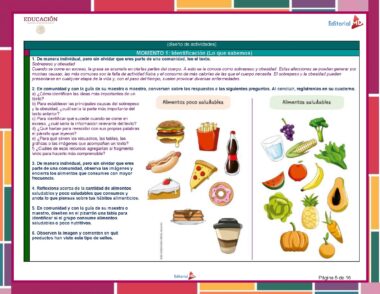 Página de actividad educativa titulada "Planeación de Febrero Cuarto Grado de Primaria 2023 – 2024 NEM" para Cuarto Grado Primaria. Tiene un encabezado bilingüe en español e inglés con imágenes de diversos alimentos como hamburguesa, helado, refrescos, frutas y verduras. A la derecha, hay una columna denominada "Alimentos saludables" y otra denominada "Alimentos poco saludables".