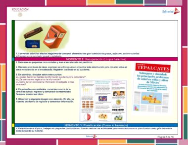 Un colorido folleto educativo que analiza los efectos negativos del consumo de alimentos ricos en grasas, azúcares y calorías. Incluye información sobre alimentación saludable, actividades grupales y pasos de planificación personalizados para Planeación de Febrero Cuarto Grado de Primaria 2023 – 2024 NEM. El diseño presenta imágenes de alimentos, cuadros de texto y un diseño estructurado.