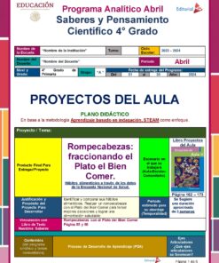 Un cartel educativo para proyectos de ciencias de cuarto grado sobre actividades en el aula. Incluye información sobre el año escolar, enfoque de enseñanza (aprendizaje basado en la investigación con un enfoque STEAM) y ejemplos de proyectos específicos, como acertijos relacionados con la alimentación saludable. Planeación de Abril Cuarto Grado de Primaria 2024 NEM.