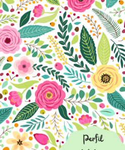 Ilustración de un estampado floral vibrante con varios tipos de flores en tonos rosados, amarillos y verdes, rodeadas de hojas y pequeños puntos, con el texto 