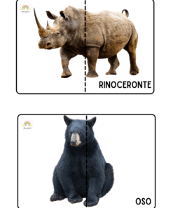 La imagen es un Rompecabezas de animales salvajes que muestra dos animales salvajes. La tarjeta superior presenta un rinoceronte con la etiqueta 