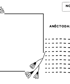 Un diseño de página en blanco y negro con adornos florales que enmarcan un cuadrado en blanco en el lado izquierdo. A la derecha, un patrón de puntos se encuentra debajo de la palabra 